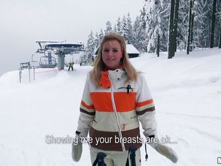 It's winter and very cold outside on that ski track but Nathaly shows us her big enchanting boobs for some cash. She's one hell of a blonde, a pretty face, long hair and big hot boobs. Nathaly is a greedy bitch and for some extra cash she will do a lot, wanna find out what?