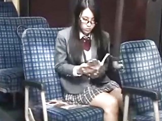 Schoolgirl tempted leg fucked by geek on bus