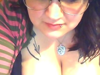 Drunk fat nerdy with large boobs showing off on webcam